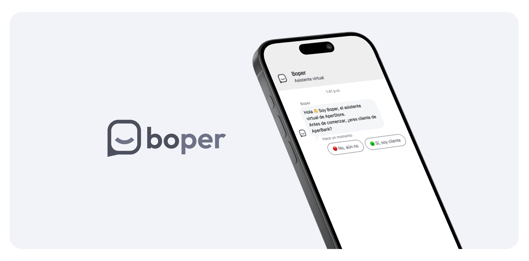 Logo de Boper junto a un celular con el chat del asistente virtual