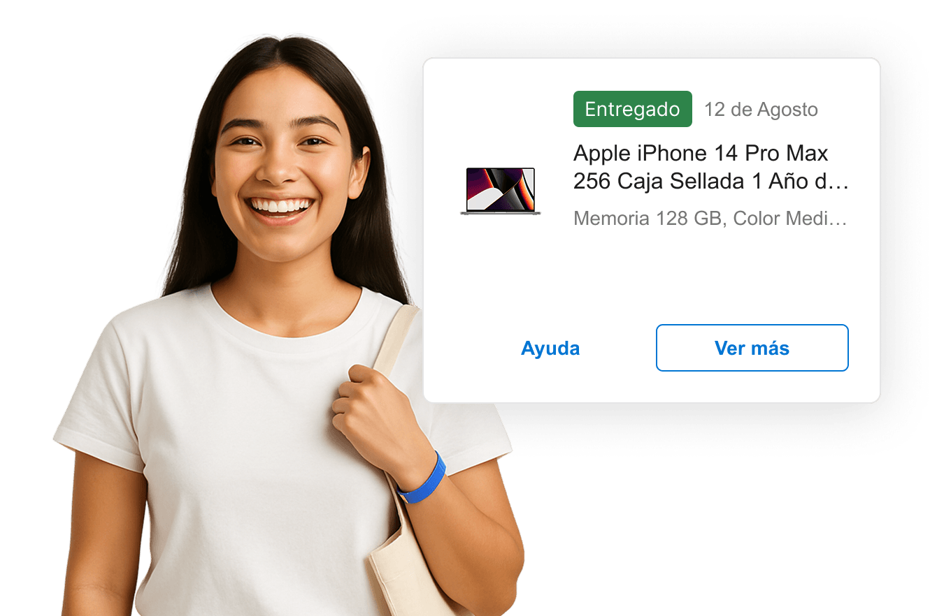 Persona sonriente junto a la tarjeta de un pedido con el estado «Entregado»