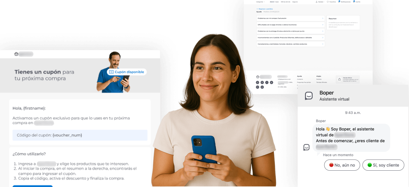 Composición con un correo de cupón, la pantalla de ayuda de la tienda y el chat del asistente virtual, alrededor de una persona con su celular