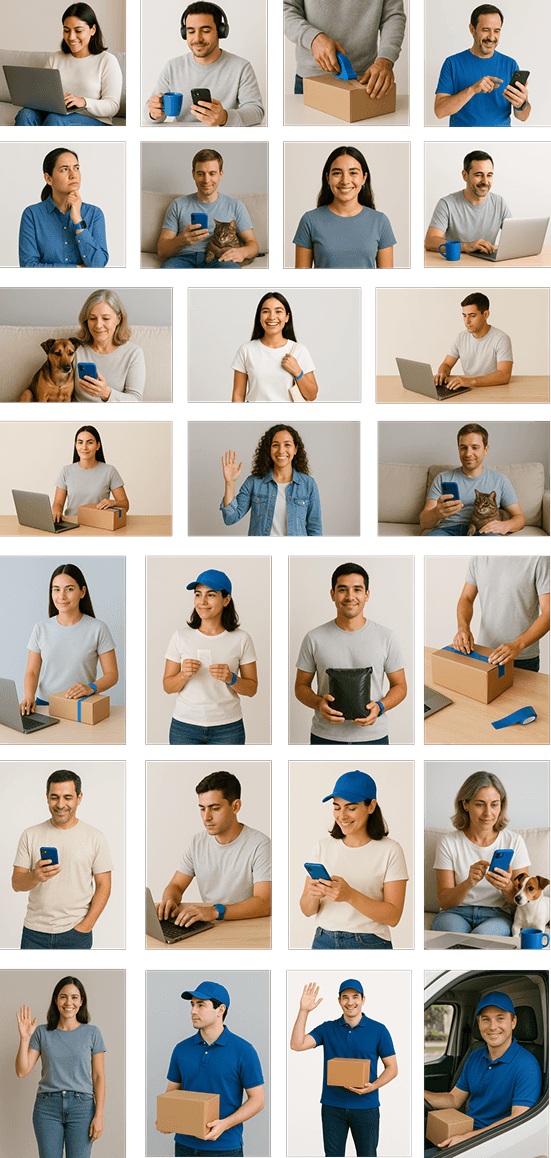 Grilla de retratos generados con IA: personas comprando, recibiendo y enviando paquetes