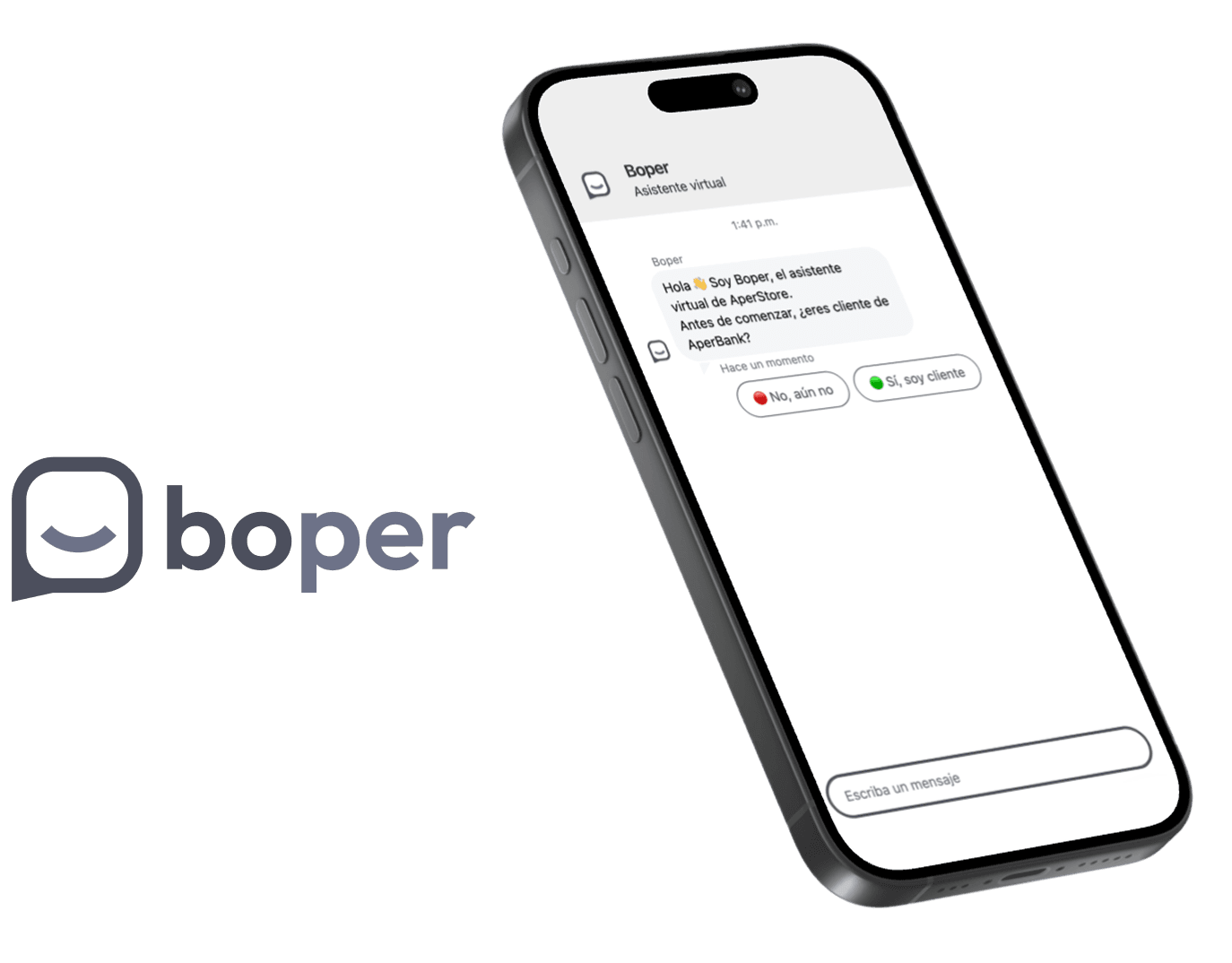 Logo de Boper junto a un celular con el chat del asistente virtual